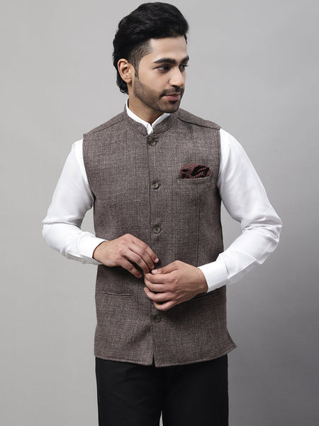Even Apparels Men's Brown Nehru Jacket With Welt Pockets