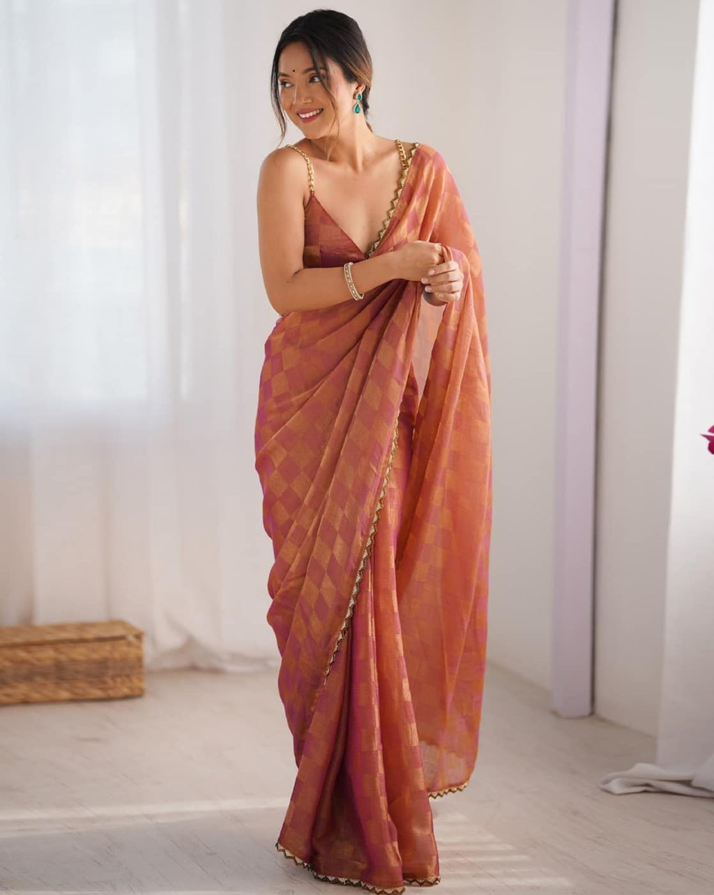 Lorenvalley Fashion Peach NC Chiffon Square with fancy Lace Saree with Blouse - Distacart