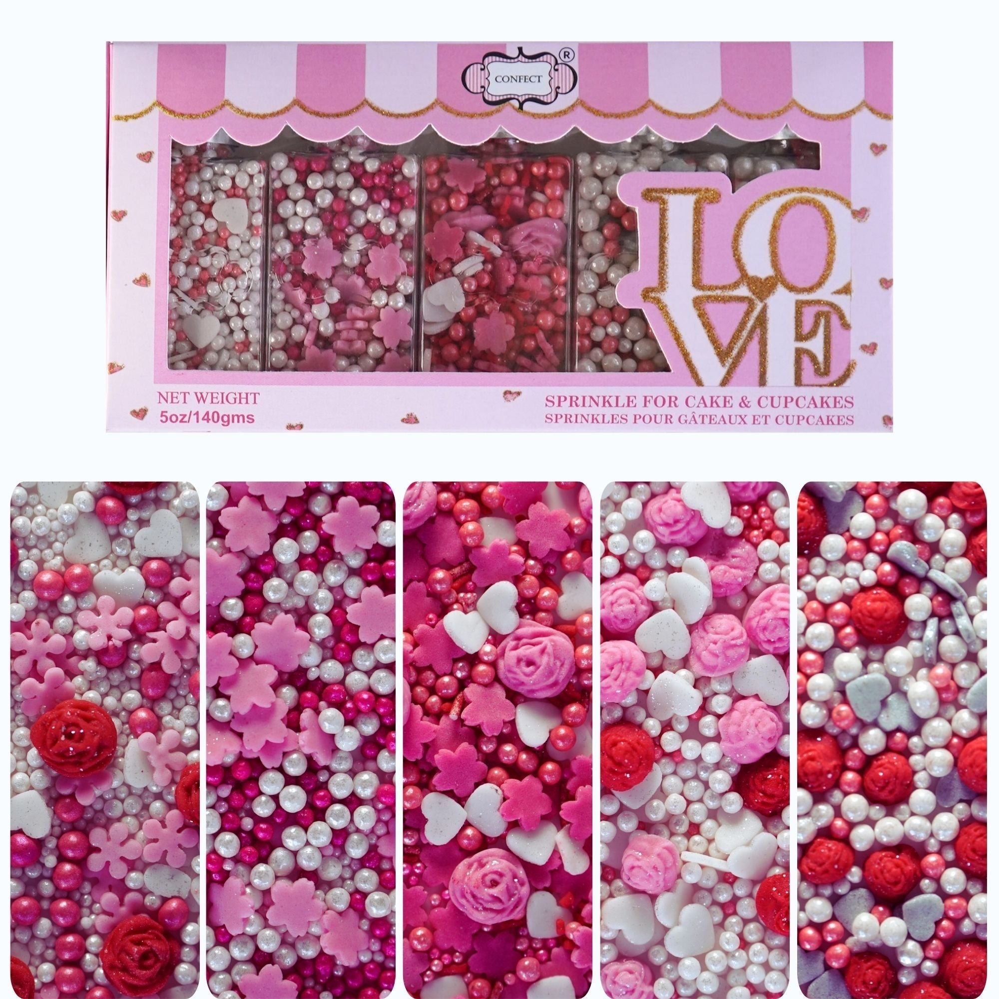 confect pink mini roses lips i silver hearts vermcelli and white pearls sprinkles for baking cake decorative baby shower sprinkles edible sprinkles mix pack of 5