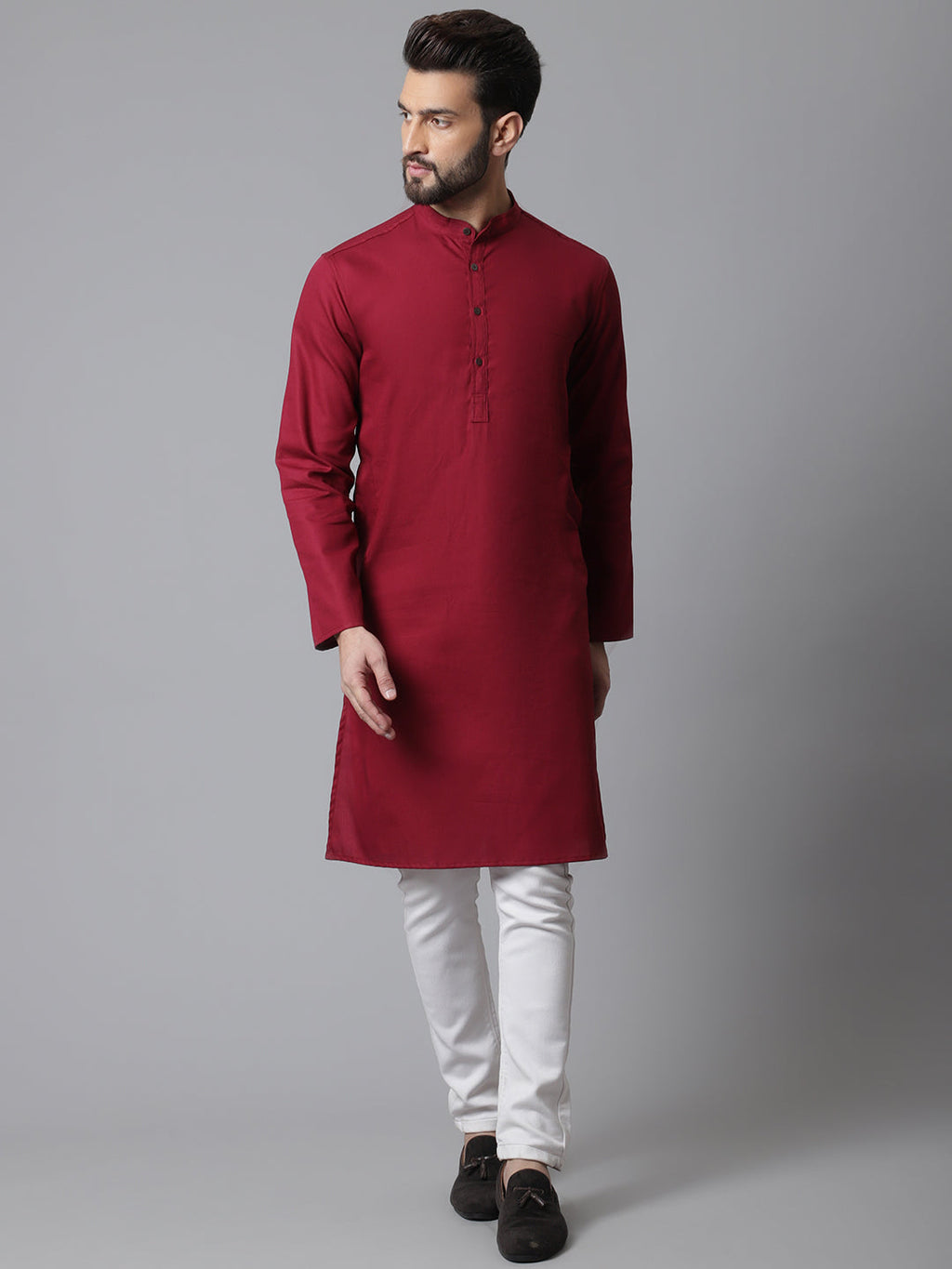 Even Apparels Maroon Pure Cotton Kurta With Band Collar - Distacart