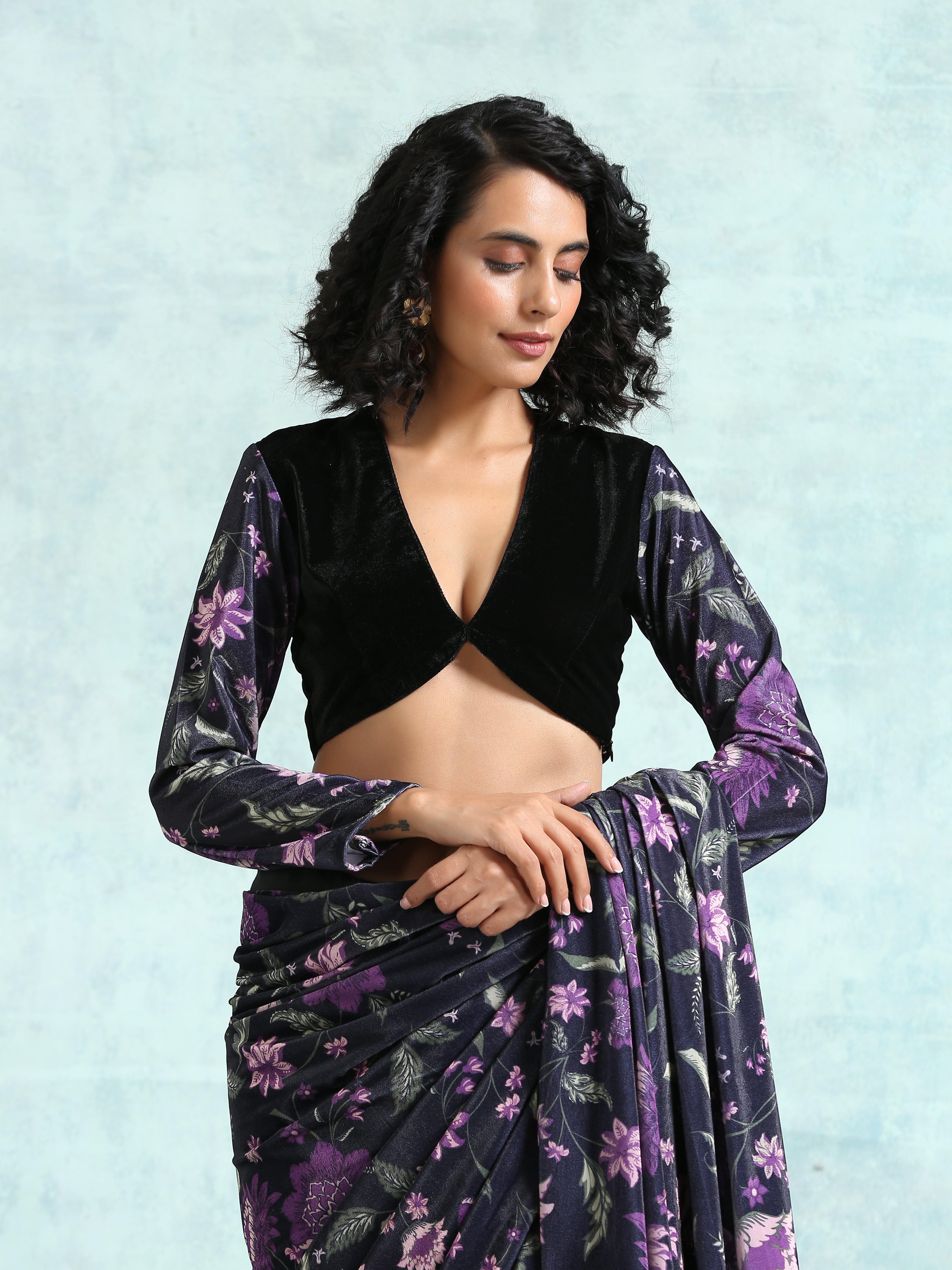 trueBrowns Black Printed Sleeve Velvet Blouse