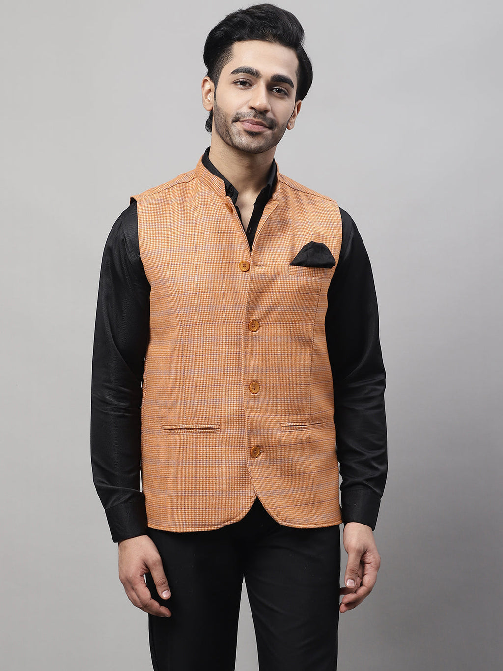 Even Apparels Men's Orange Nehru Jacket With Welt Pockets