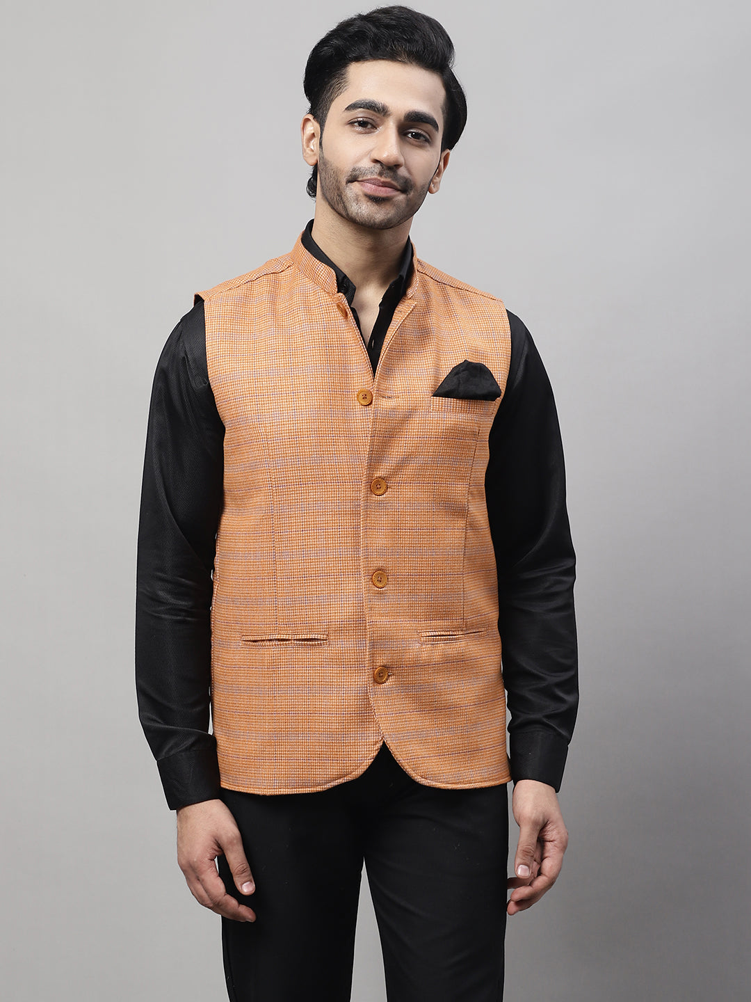 Even Apparels Men's Orange Nehru Jacket With Welt Pockets