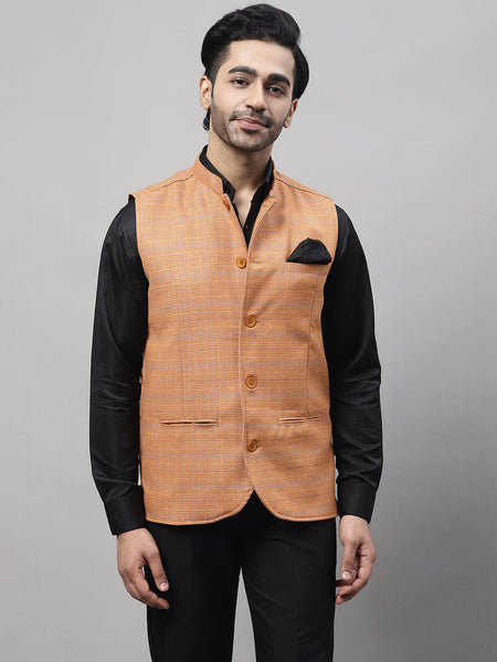 Even Apparels Men's Orange Nehru Jacket With Welt Pockets