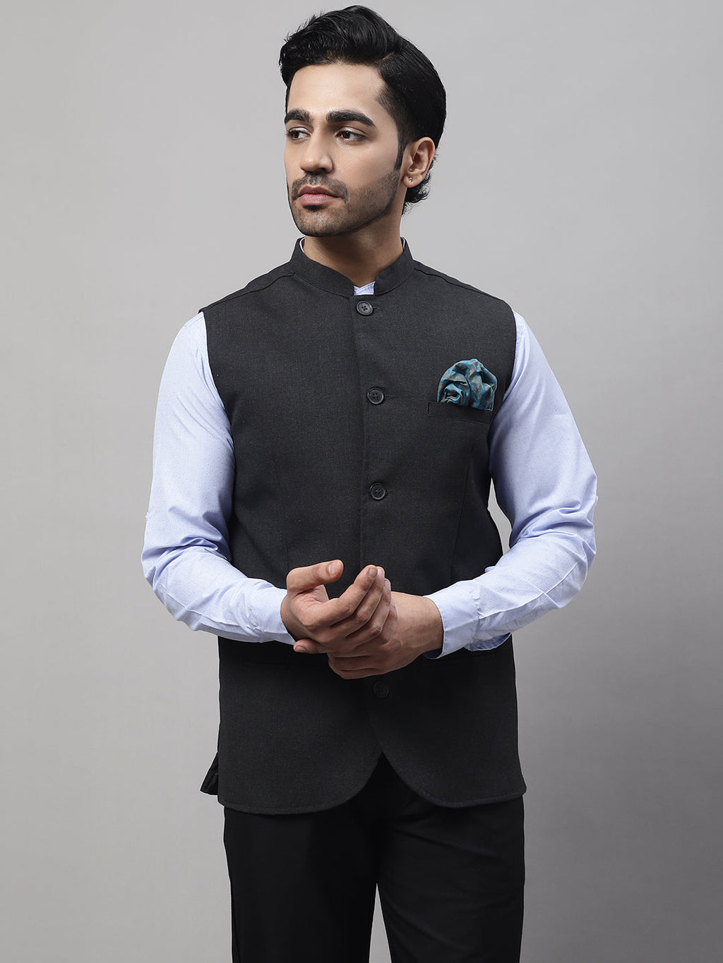 Even Apparels Men's Grey Nehru Jacket With Welt Pockets