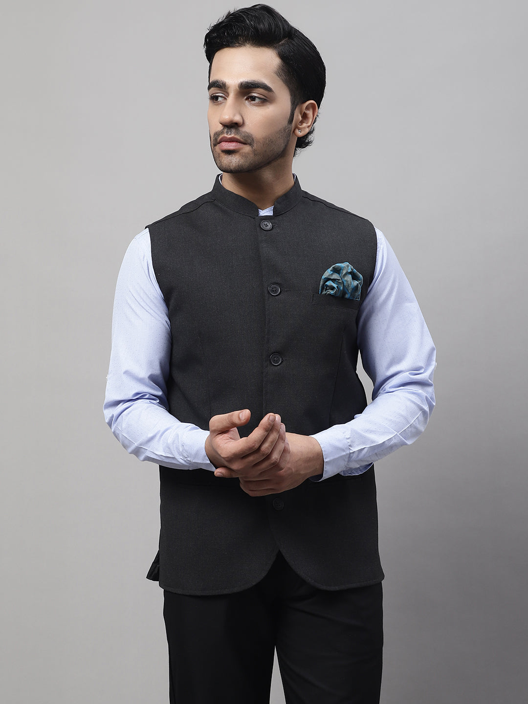 Even Apparels Men's Grey Nehru Jacket With Welt Pockets