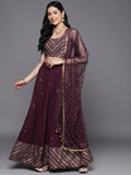 Indian Clothing Ahalyaa Purple & Gold-Toned Printed Sequinned Foil Print Ready to Wear Lehenga & Blouse With Dupatta