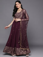 Indian Clothing Ahalyaa Purple & Gold-Toned Printed Sequinned Foil Print Ready to Wear Lehenga & Blouse With Dupatta