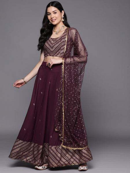 Indian Clothing Ahalyaa Purple & Gold-Toned Printed Sequinned Foil Print Ready to Wear Lehenga & Blouse With Dupatta