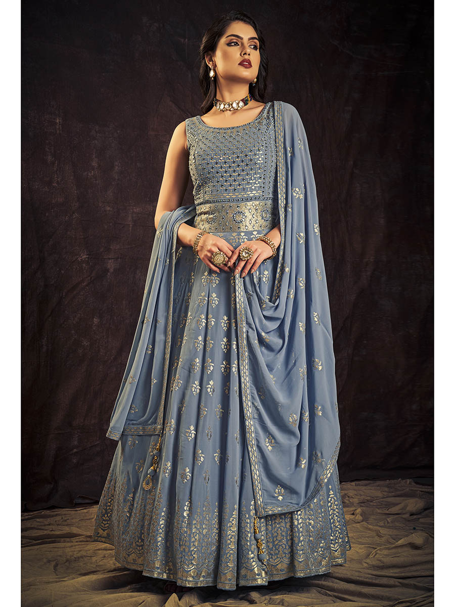 Myra Blue Real Georgette Designer Gown Style Suit - Distacart