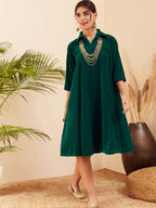 InWeave Women's Teal Velvet Collared Neck Flared Midi Dress - Distacart