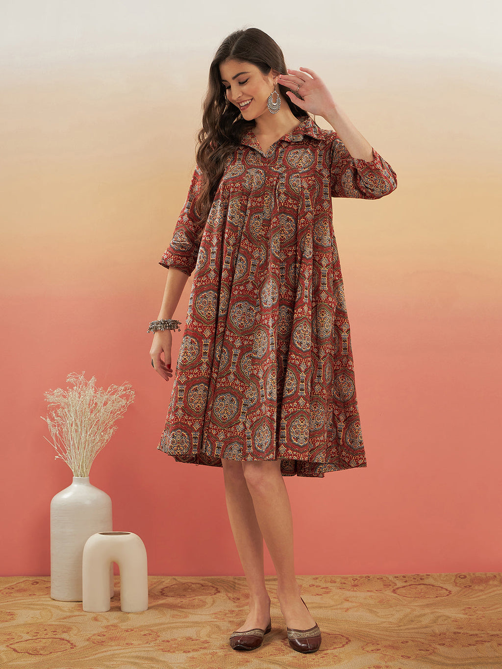 InWeave Women's Maroon Mughal Kalamkari Flared Dress - Distacart