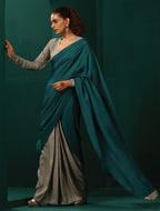 trueBrowns Teal Grey Silk Ready to Wear Saree