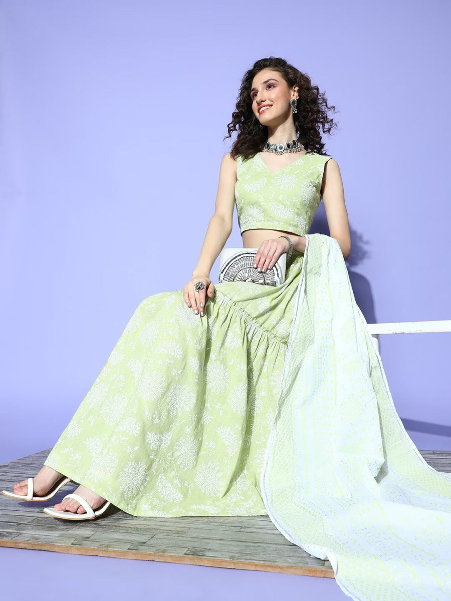 Ahalyaa Pure Cotton Green & White Printed Khari Print Ready to Wear Lehenga & Blouse With Dupatta