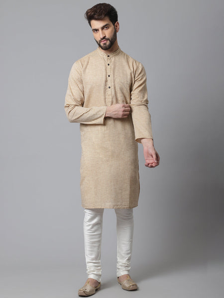Even Apparels Pure Cotton Kurta With Band Collar - Beige