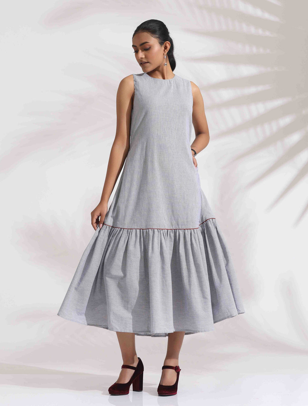 trueBrowns trueBrown Grey Cotton Stripe Tier Dress - Distacart