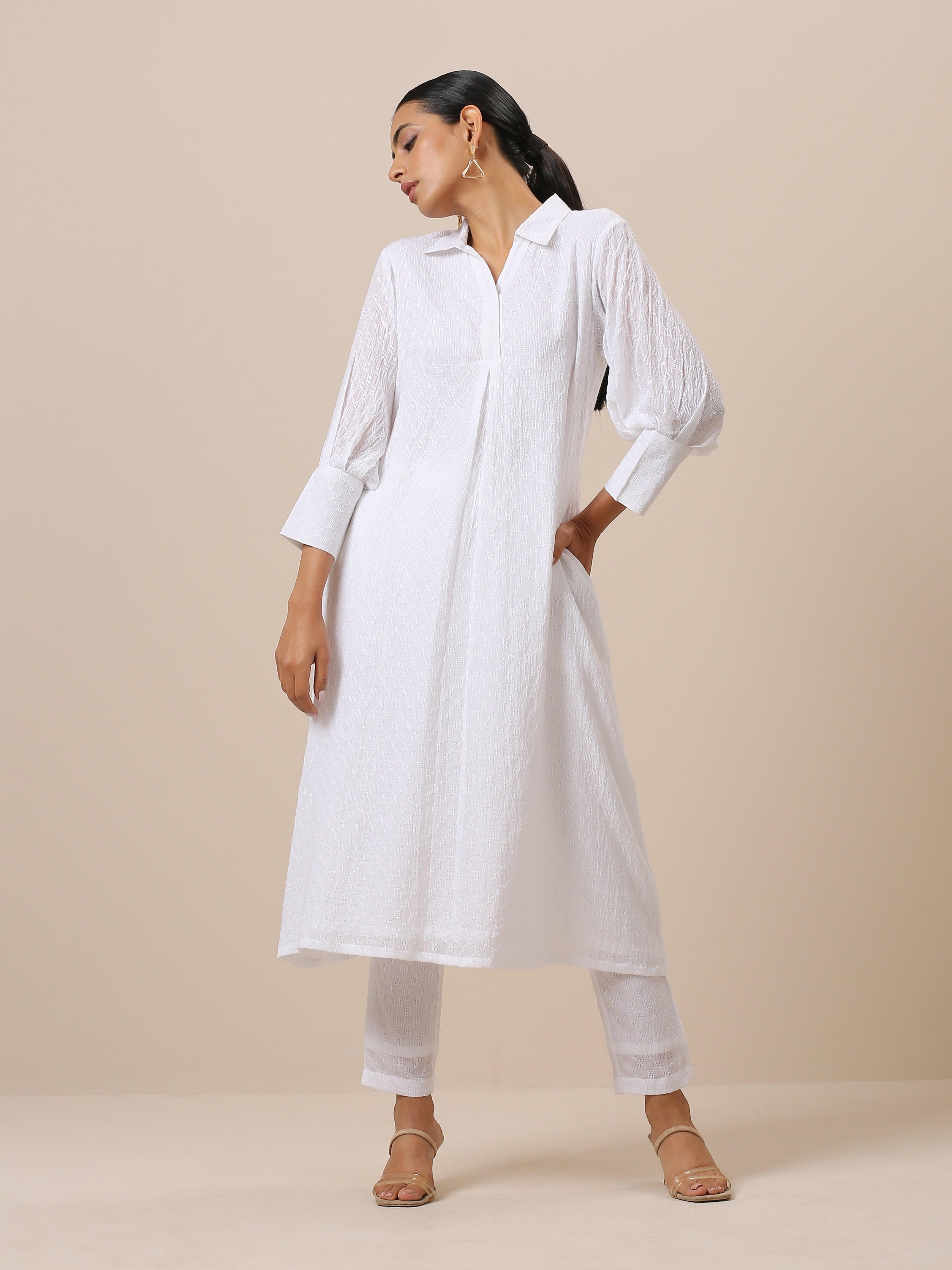 trueBrowns Cotton White Weave Collar Kurta Pant Set | Relove - Distacart