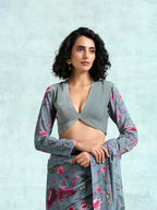 trueBrowns Grey Printed Sleeve Velvet Blouse