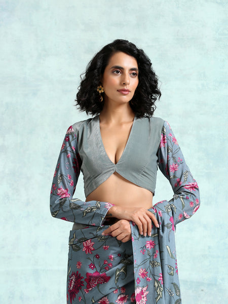 trueBrowns Grey Printed Sleeve Velvet Blouse