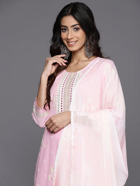 KSUT (House of Varanga) Pink Thread And Mirror Embroidered Kurta Paired With Straight Trouser And Chiffon Dupatta