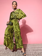 InWeave Women's Olive Tie And Dye New Neckline Top Culottes Set