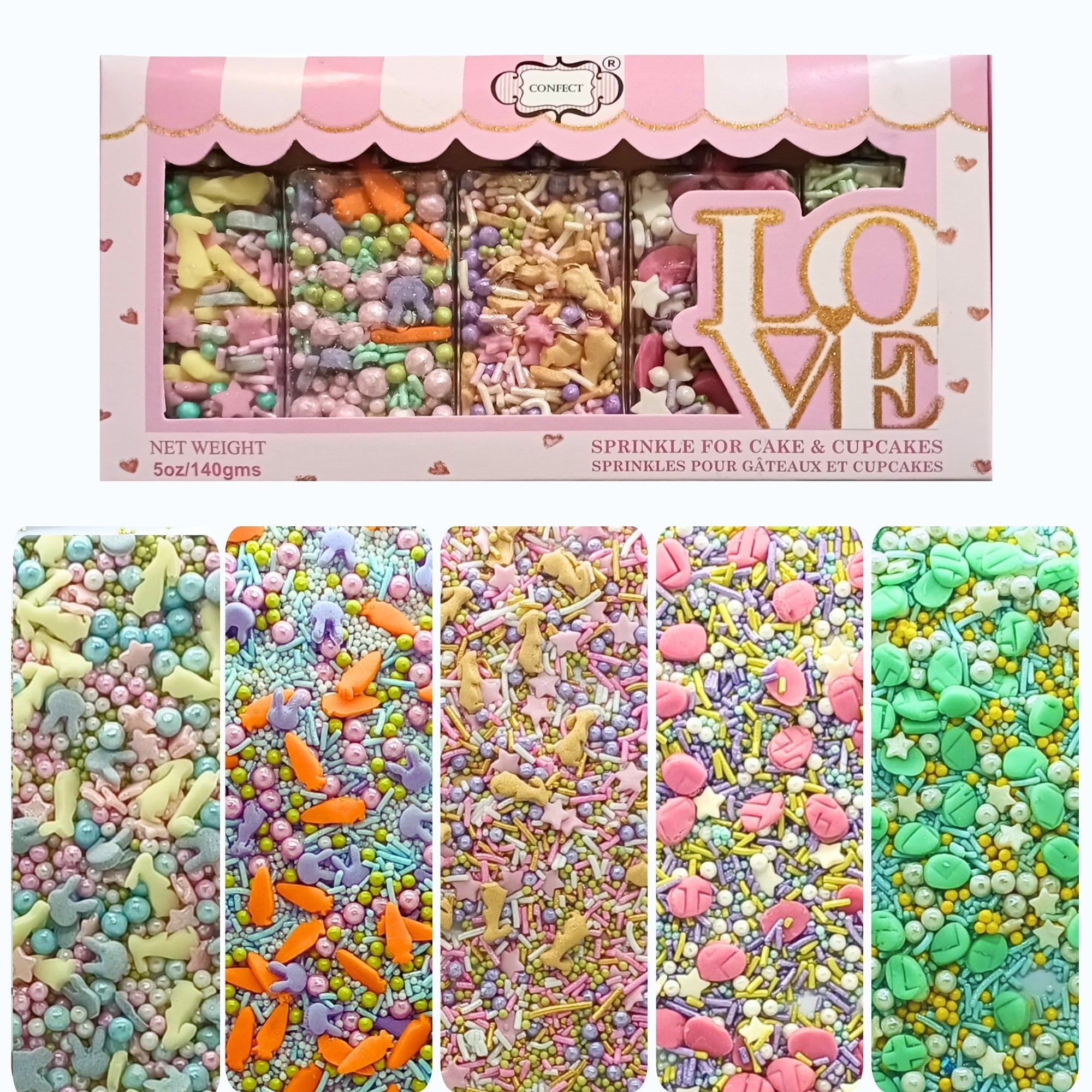 confect spring sprinkles edible mix green pink eggs yellow gold bunny pack of 5 100gms