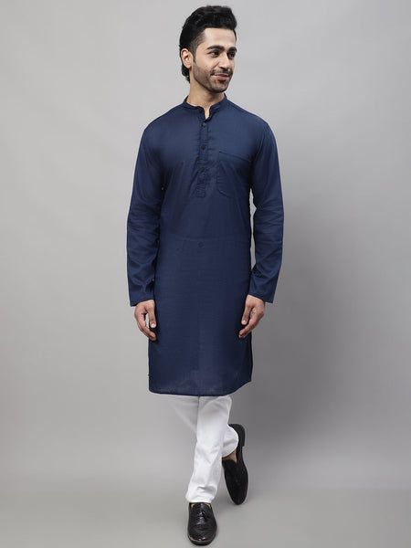 Even Apparels Blue Pure Cotton Kurta With Band Collar