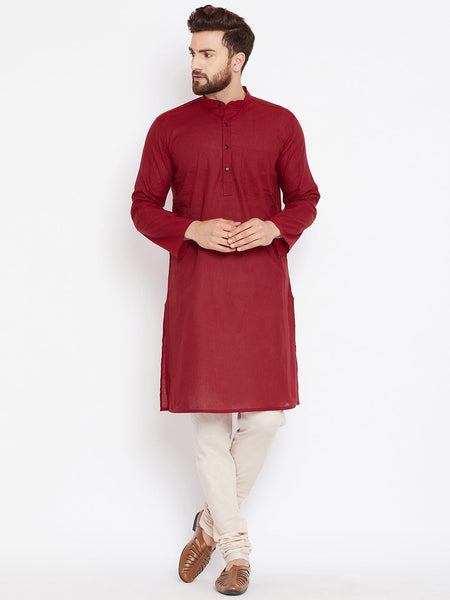 Even Apparels Maroon Pure Cotton Kurta With Band Collar