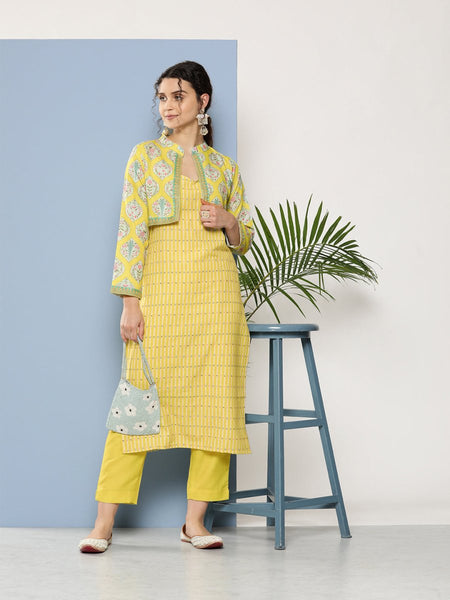 Ahalyaa Women Yellow Floral Printed Kurta with Trousers & Jacket