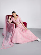 House of Panchhi Pink Net Sequins, Zarkan And Thread Embroidery Lehenga Choli & Dupatta