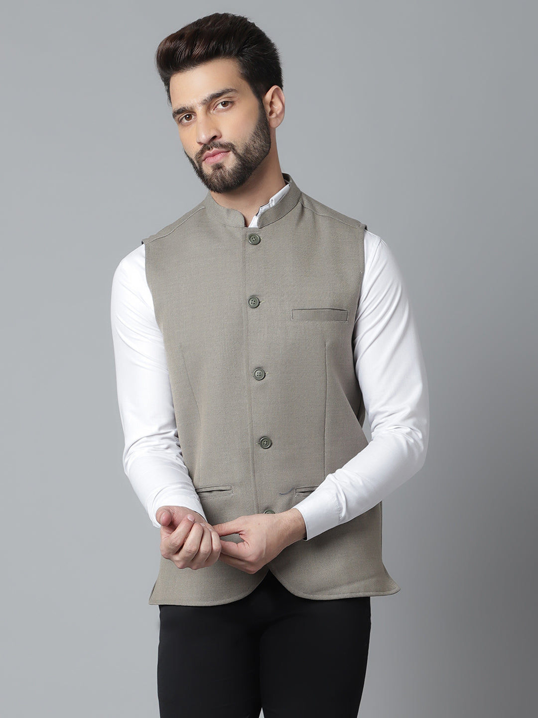 Even Apparels Men's Cream Nehru Jacket With Welt Pockets