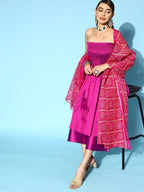 InWeave Purple Off Shoulder Silk Kurta Set -Pink Kota Bandhej Dupatta