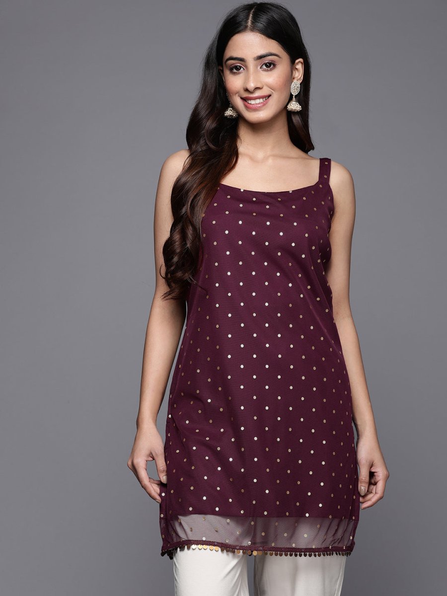Ahalyaa Geometric Printed Net Tunic With Lace Inserts