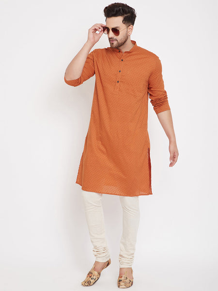 Even Apparels Orange Pure Cotton Kurta With Band Collar
