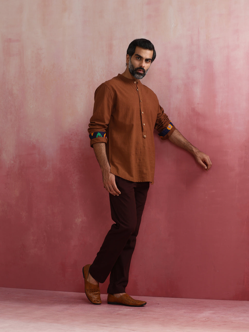 trueBrowns Men's Brown Cotton Mandarin Collar Stylized Kurta