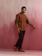 trueBrowns Men's Brown Cotton Mandarin Collar Stylized Kurta