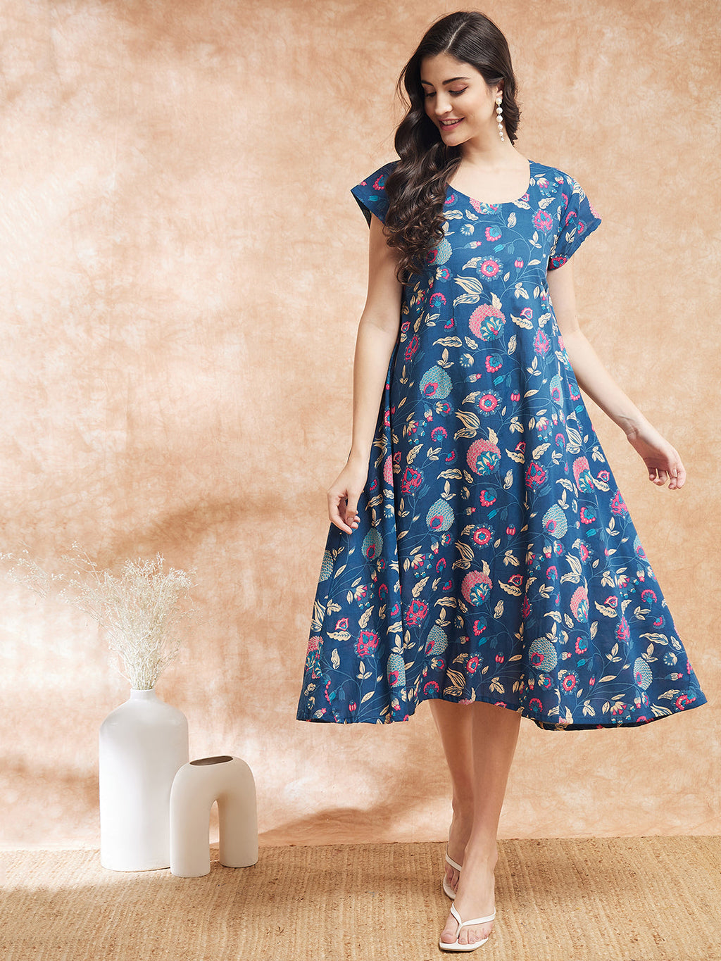 InWeave Women's Blue Pink Kalamkari A Line Dress - Distacart