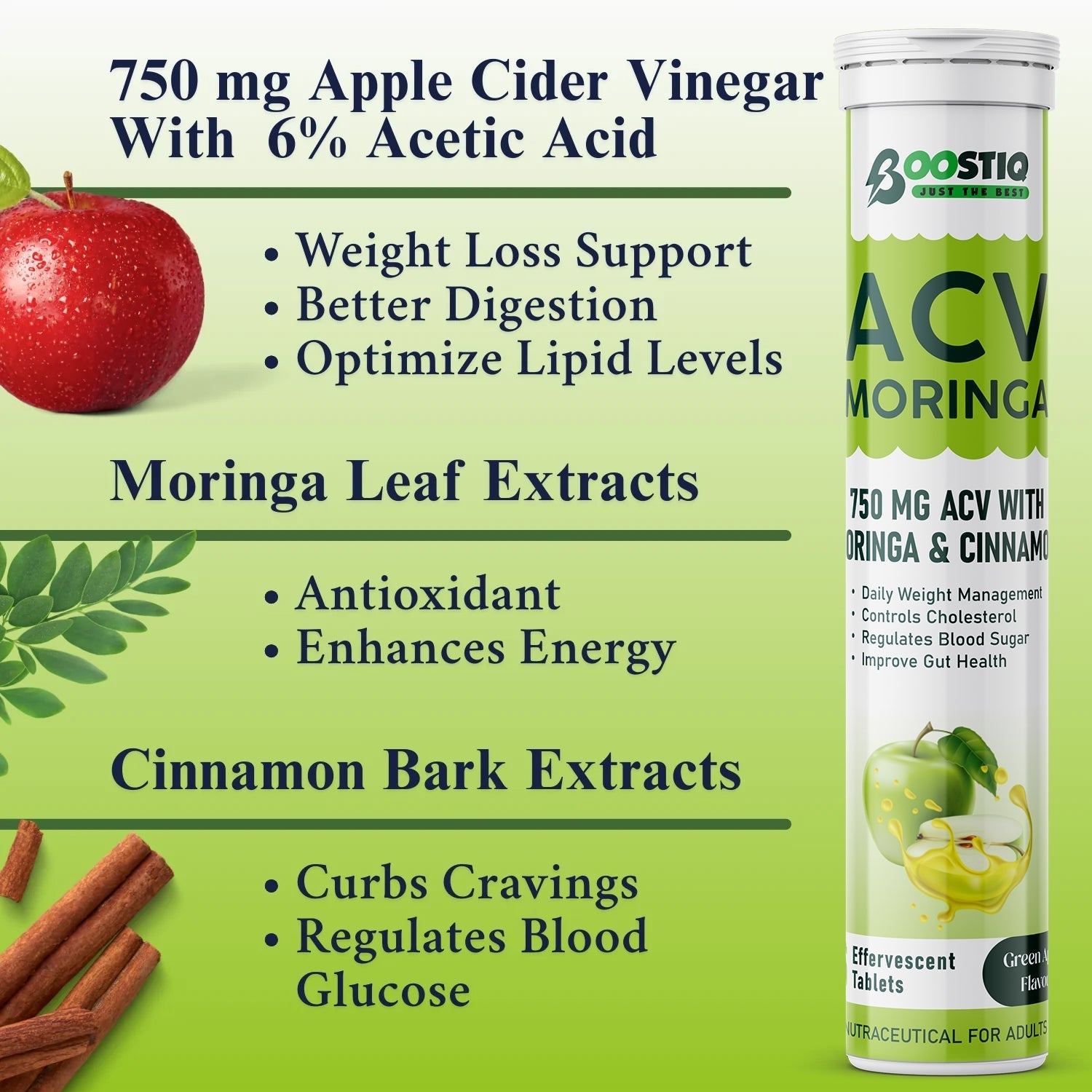 BOOSTIQ Apple Cider Vinegar With Moringa Effervescent Tablets - Green Apple Flavour