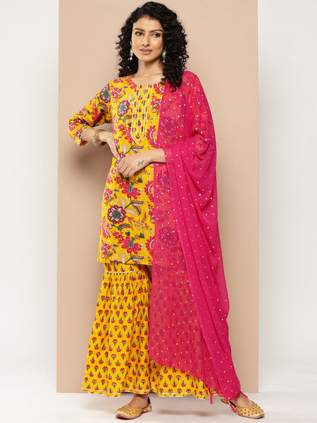 KSUT (House of Varanga) Yellow & Pink Floral Printed Kurta with Gota Work With Sharara & Dupatta