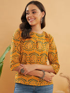 InWeave Women's Haldi Yellow Mughal Kalamkari Top