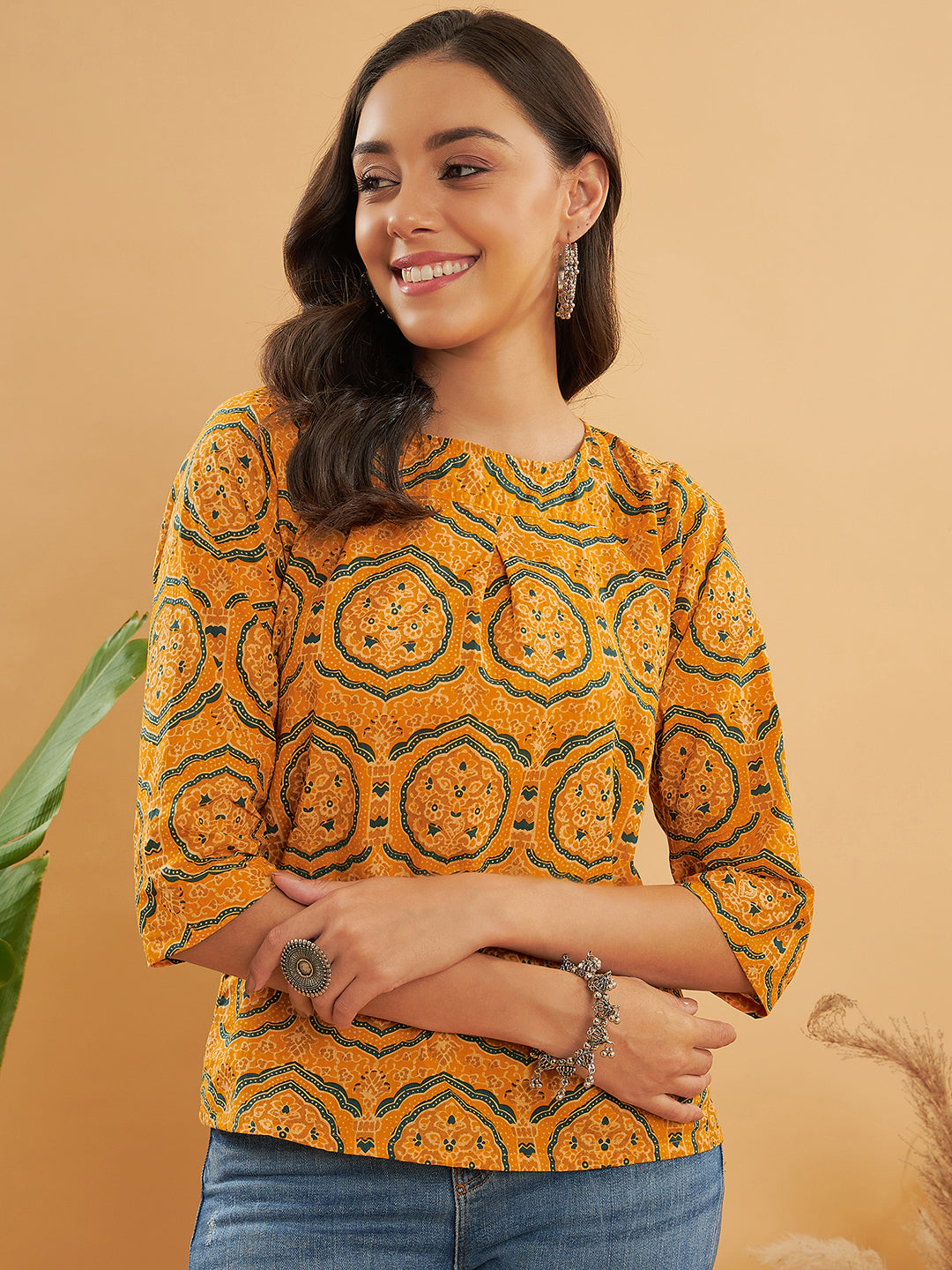 InWeave Women's Haldi Yellow Mughal Kalamkari Top