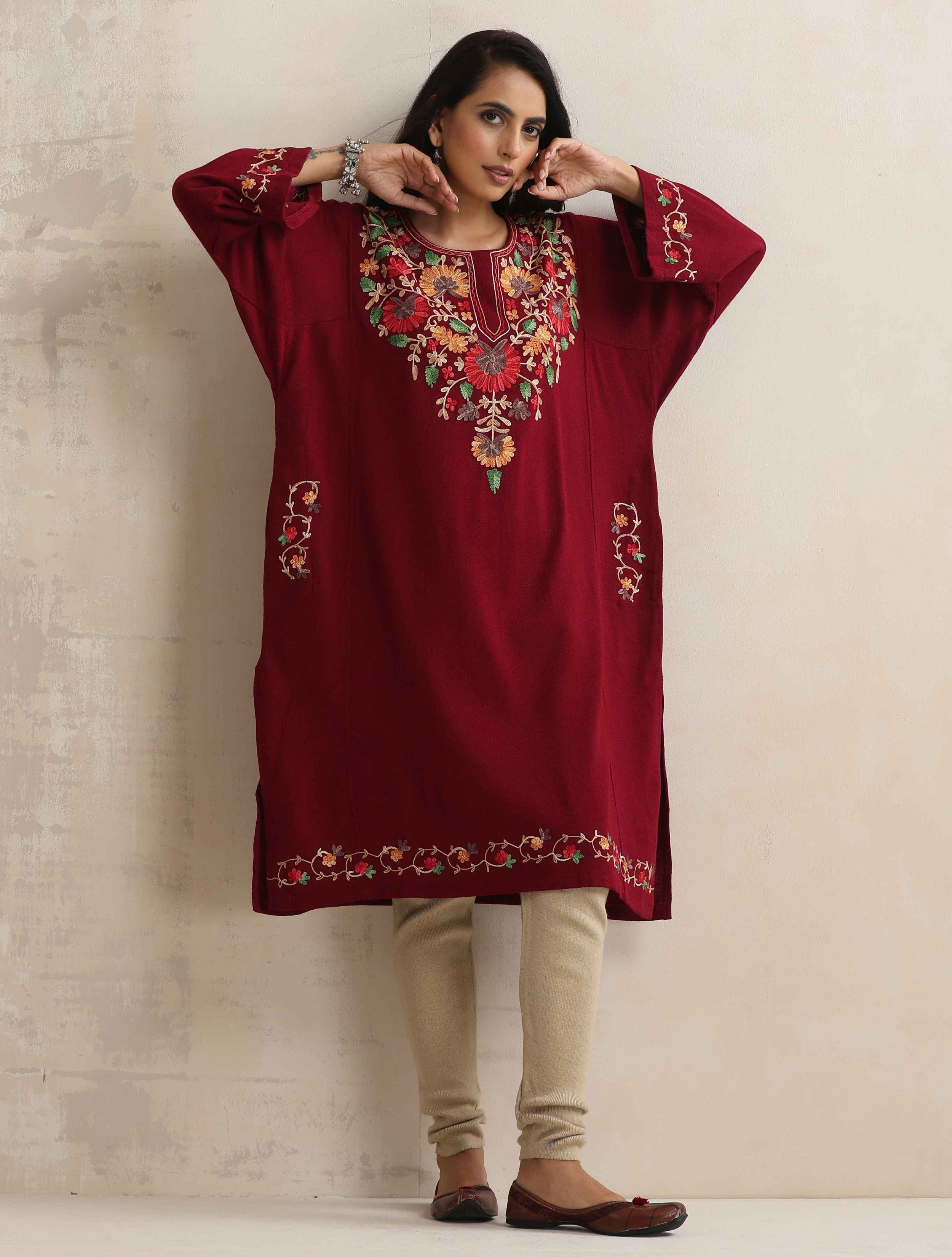 trueBrowns Maroon Kashmiri Floral Embroidered Woollen Phiran Kurta - Distacart