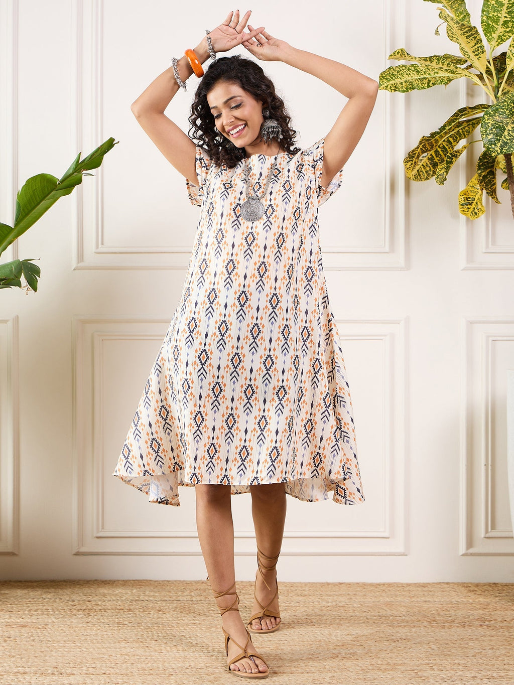 InWeave Off White Orange Black Ikkat Print Round Neck Aline Dress - Distacart