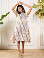 InWeave Off White Orange Black Ikkat Print Round Neck Aline Dress - Distacart