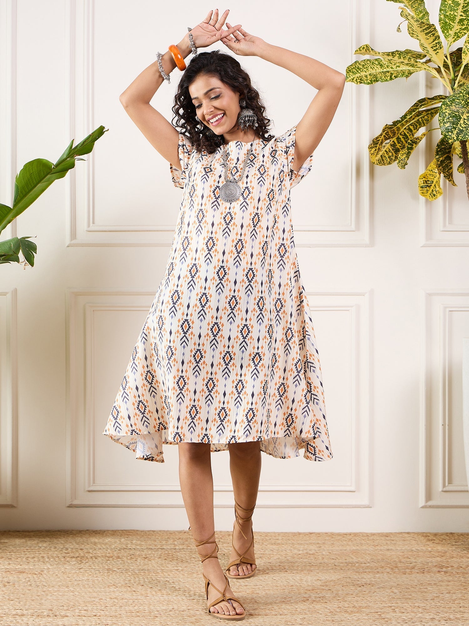 InWeave Off White Orange Black Ikkat Print Round Neck Aline Dress - Distacart