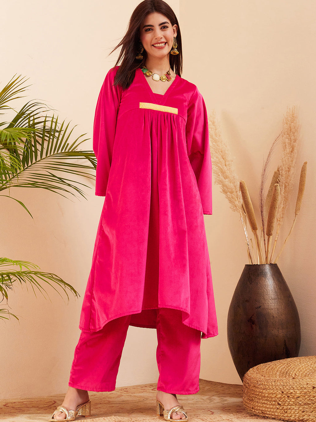 InWeave Women's Magenta V Neck Asymmetrical Pleated Velvet Kurta Set
