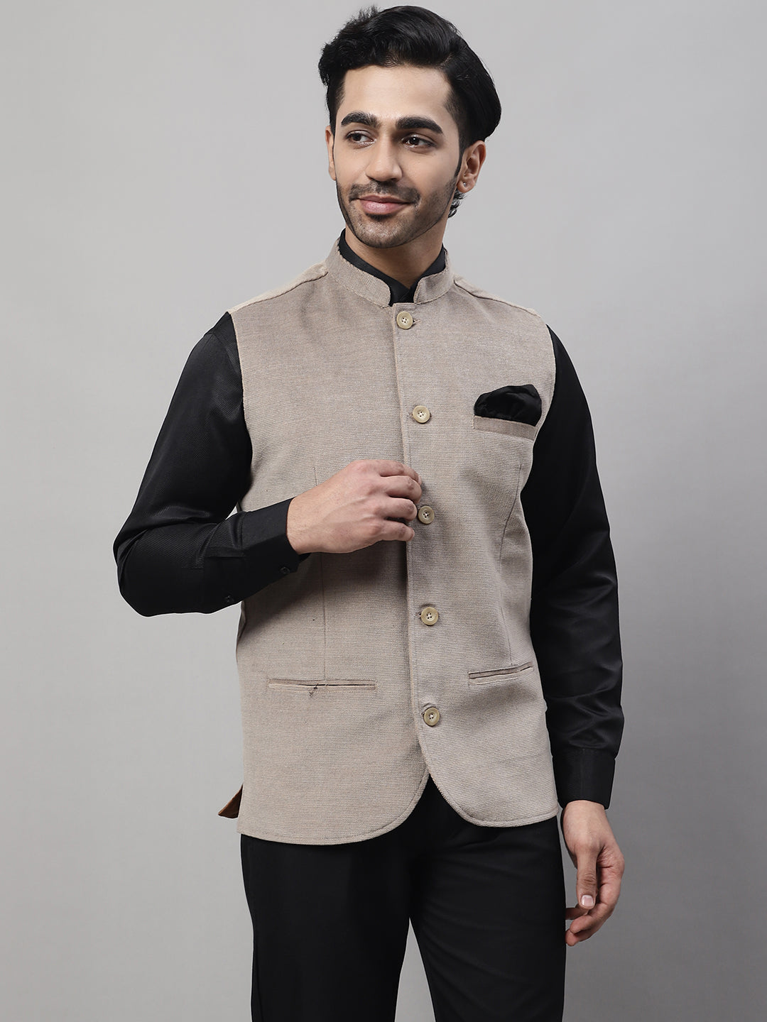 Even Apparels Men's Beige Nehru Jacket With Welt Pockets