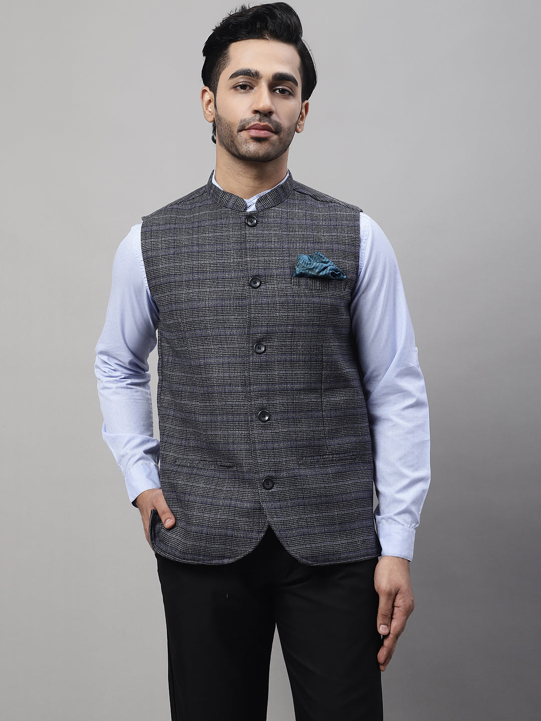 Even Apparels Men's Grey Nehru Jacket With Welt Pockets