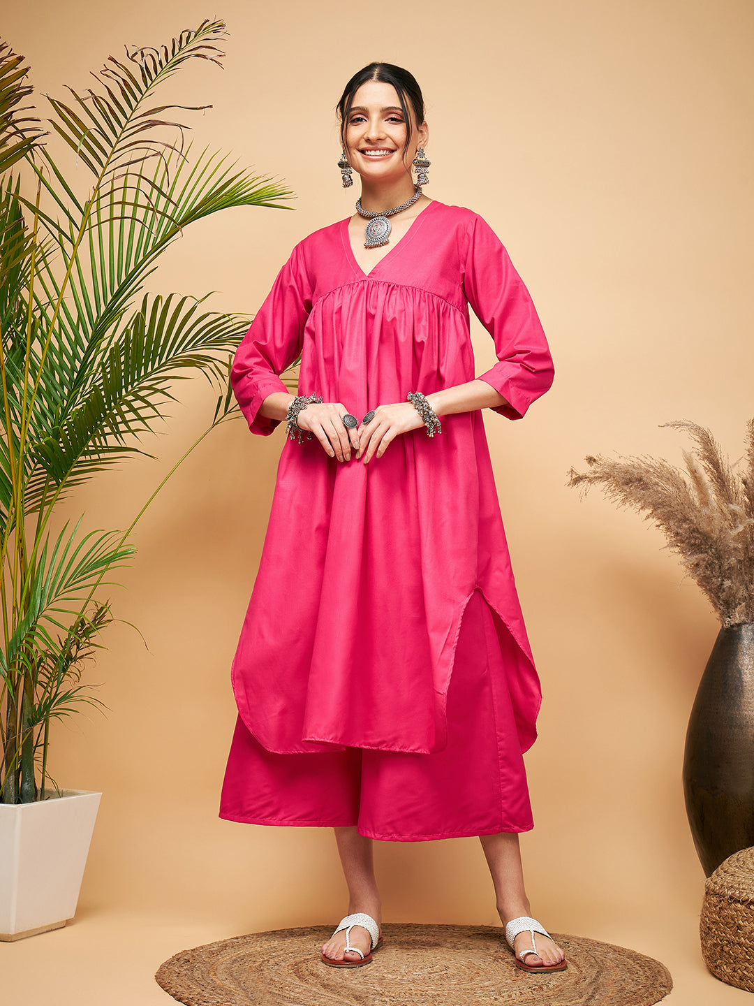 InWeave Women's Fuchsia Flared Kurta Palazzo Set
