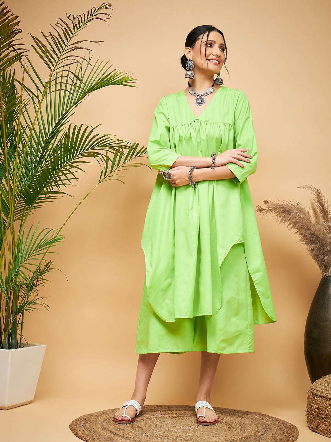 InWeave Women's Lime Green Flared Kurta Palazzo Set